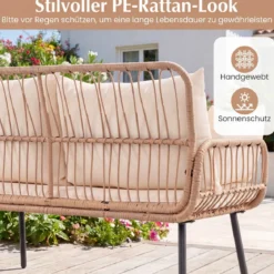 Polyrattan Gartenbank 2-Sitzer Sitzbank mit Sitzkissen Armlehnen & Rückenlehne Outdoor Gartensofa Beige