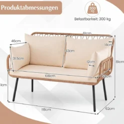 Polyrattan Gartenbank 2-Sitzer Sitzbank mit Sitzkissen Armlehnen & Rückenlehne Outdoor Gartensofa Beige
