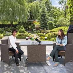 Poly Rattan Gartengarnitur Garten Lounge inkl. Glasplatte und Sitzkissen Braun