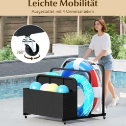 Pool Aufbewahrungskorb mit Rollen PE Rattan Aufbewahrungsbehälter für Schwimmhilfen Schwarz