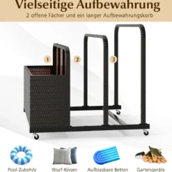 Pool Aufbewahrungskorb mit Rollen PE Rattan Aufbewahrungsbehälter für Schwimmhilfen Braun