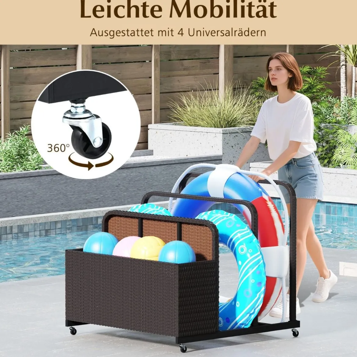 Pool Aufbewahrungskorb mit Rollen PE Rattan Aufbewahrungsbehälter für Schwimmhilfen Braun