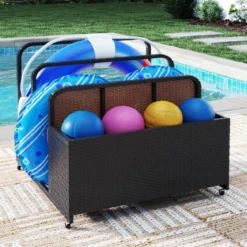 Pool Aufbewahrungskorb mit Rollen PE Rattan Aufbewahrungsbehälter für Schwimmhilfen Braun