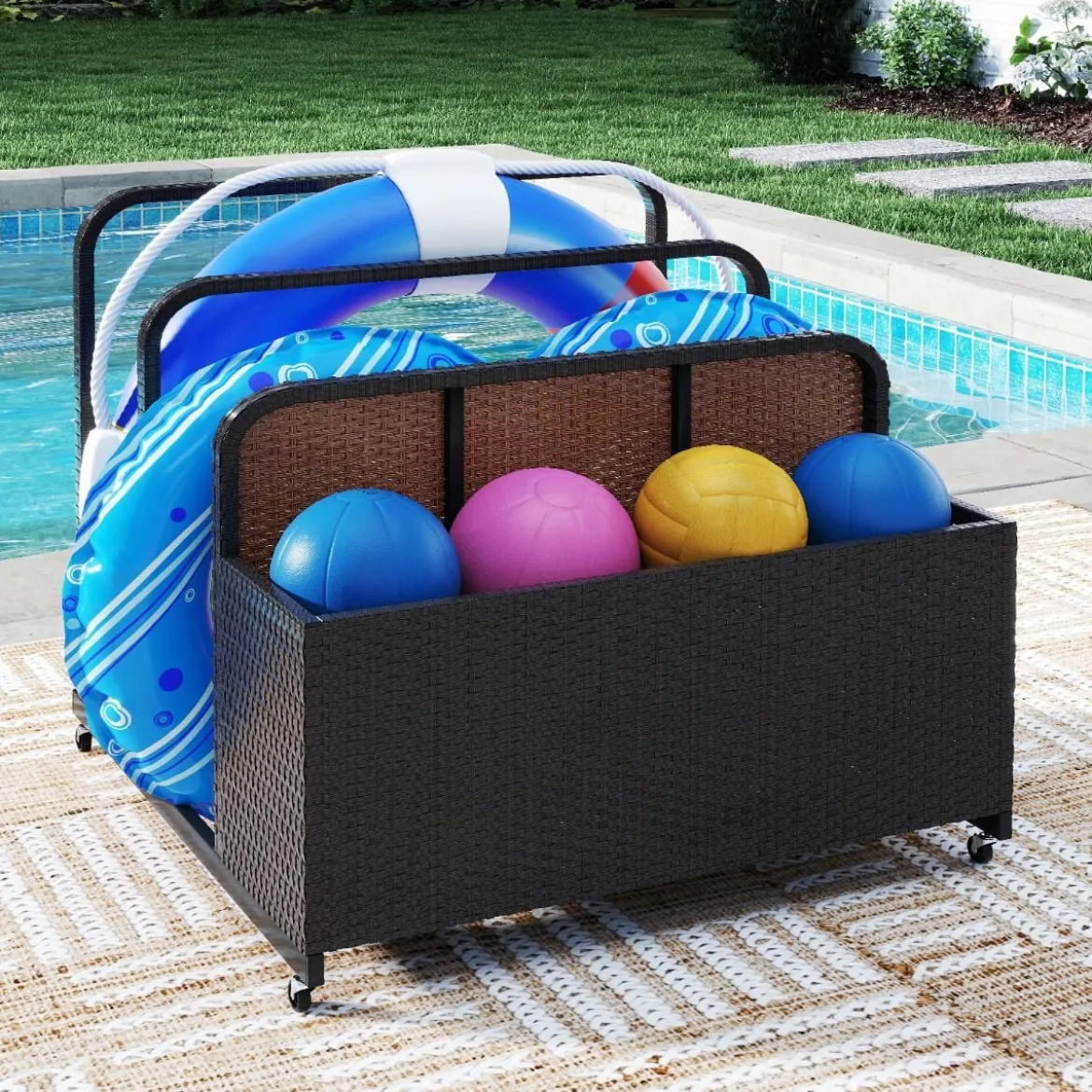 Pool Aufbewahrungskorb mit Rollen PE Rattan Aufbewahrungsbehälter für Schwimmhilfen Braun