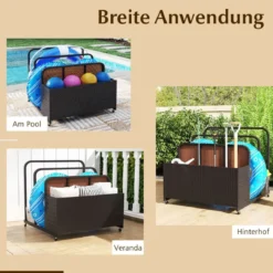 Pool Aufbewahrungskorb mit Rollen PE Rattan Aufbewahrungsbehälter für Schwimmhilfen Braun