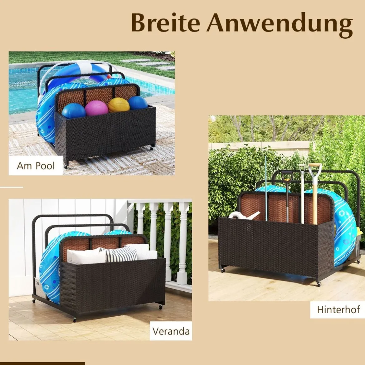 Pool Aufbewahrungskorb mit Rollen PE Rattan Aufbewahrungsbehälter für Schwimmhilfen Braun