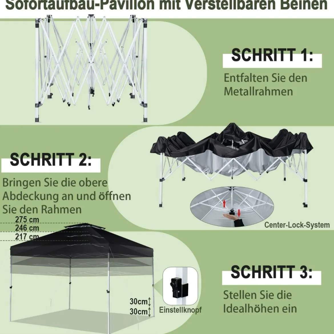 Pop-up-Überdachungszelt Outdoor Partyzelt mit verstellbarer Höhe 305 x 305 cm Schwarz