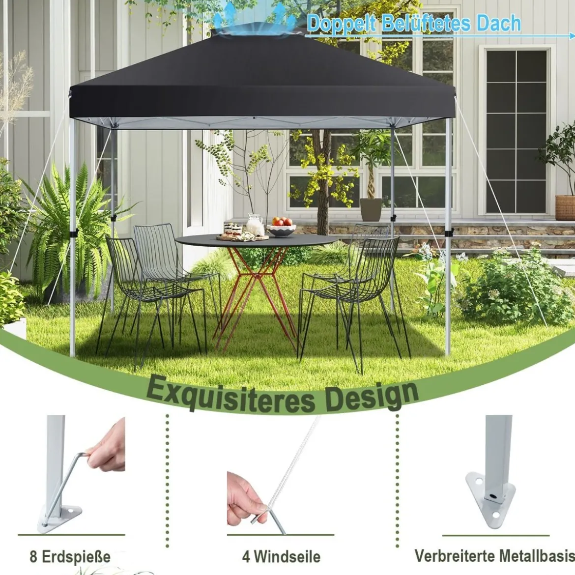 Pop-up-Überdachungszelt Outdoor Partyzelt mit verstellbarer Höhe 305 x 305 cm Schwarz