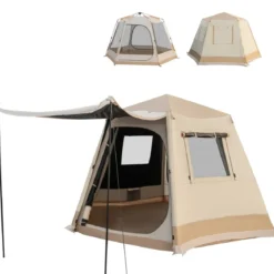 Pop-up-Campingzelt mit Automatischer Halterung & Tragetasche Doppellagiges Kabinenzelt Beige
