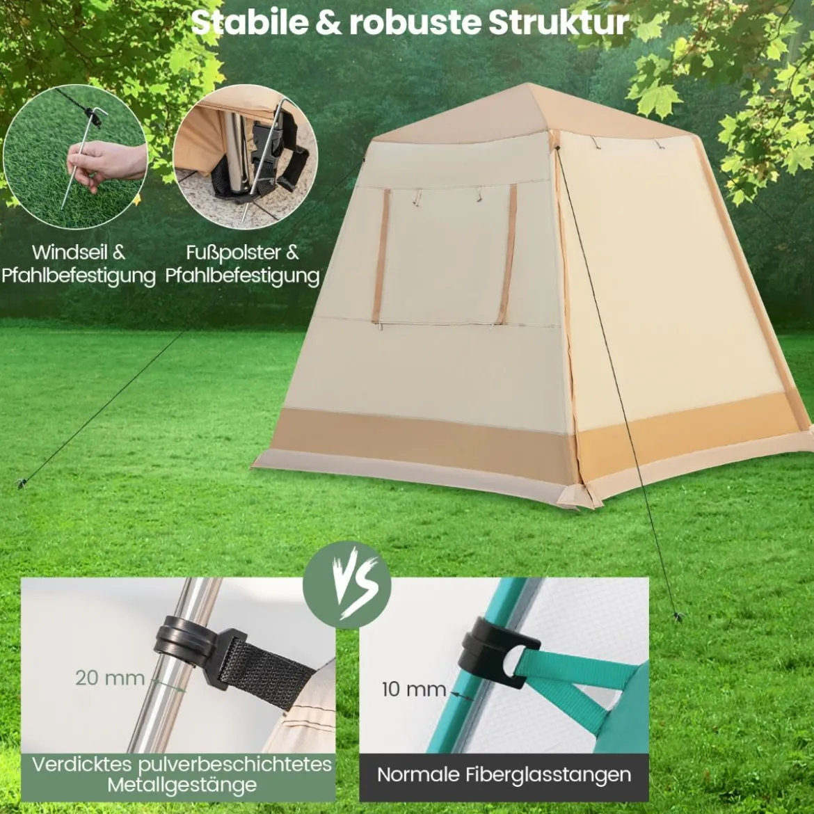 Pop-up-Campingzelt mit Automatischer Halterung & Tragetasche Doppellagiges Kabinenzelt Beige