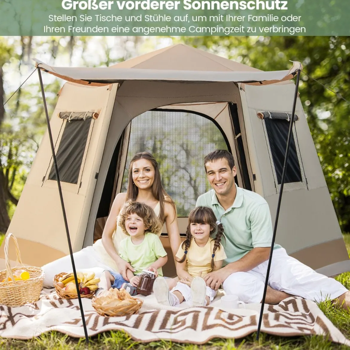 Pop-up-Campingzelt mit Automatischer Halterung & Tragetasche Doppellagiges Kabinenzelt Beige