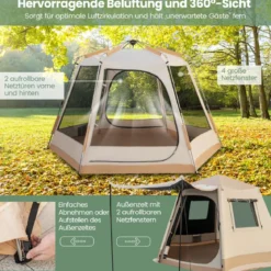 Pop-up-Campingzelt mit Automatischer Halterung & Tragetasche Doppellagiges Kabinenzelt Beige