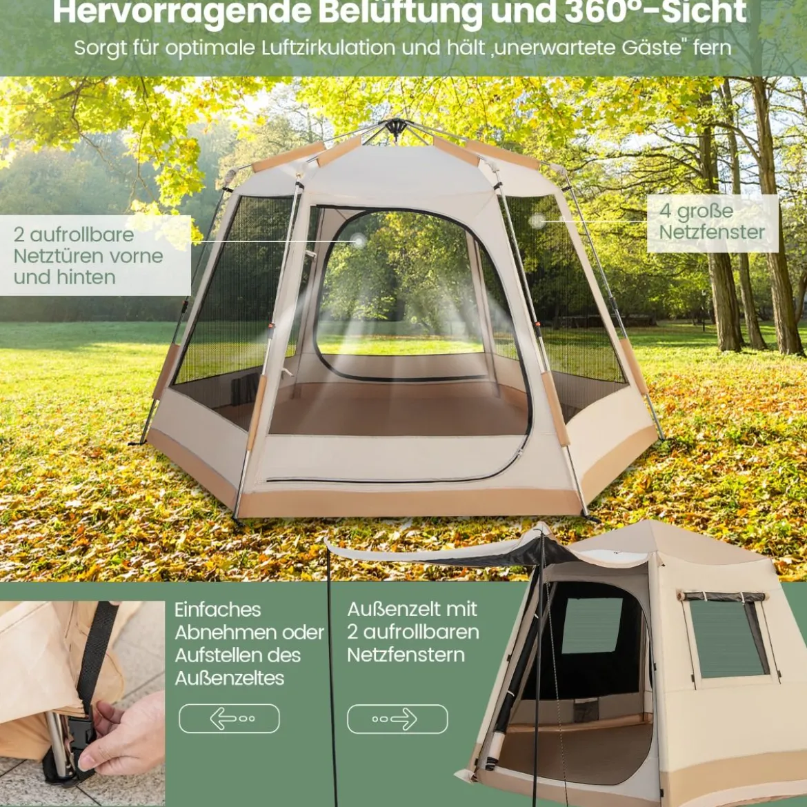 Pop-up-Campingzelt mit Automatischer Halterung & Tragetasche Doppellagiges Kabinenzelt Beige