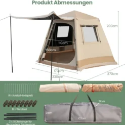 Pop-up-Campingzelt mit Automatischer Halterung & Tragetasche Doppellagiges Kabinenzelt Beige