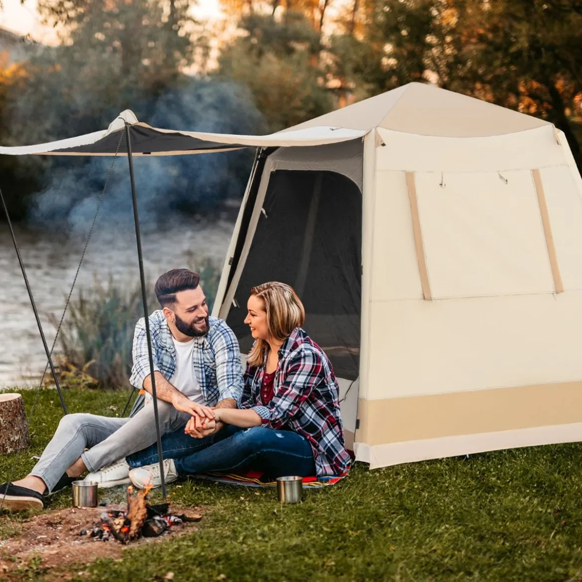 Pop-up-Campingzelt mit Automatischer Halterung & Tragetasche Doppellagiges Kabinenzelt Beige