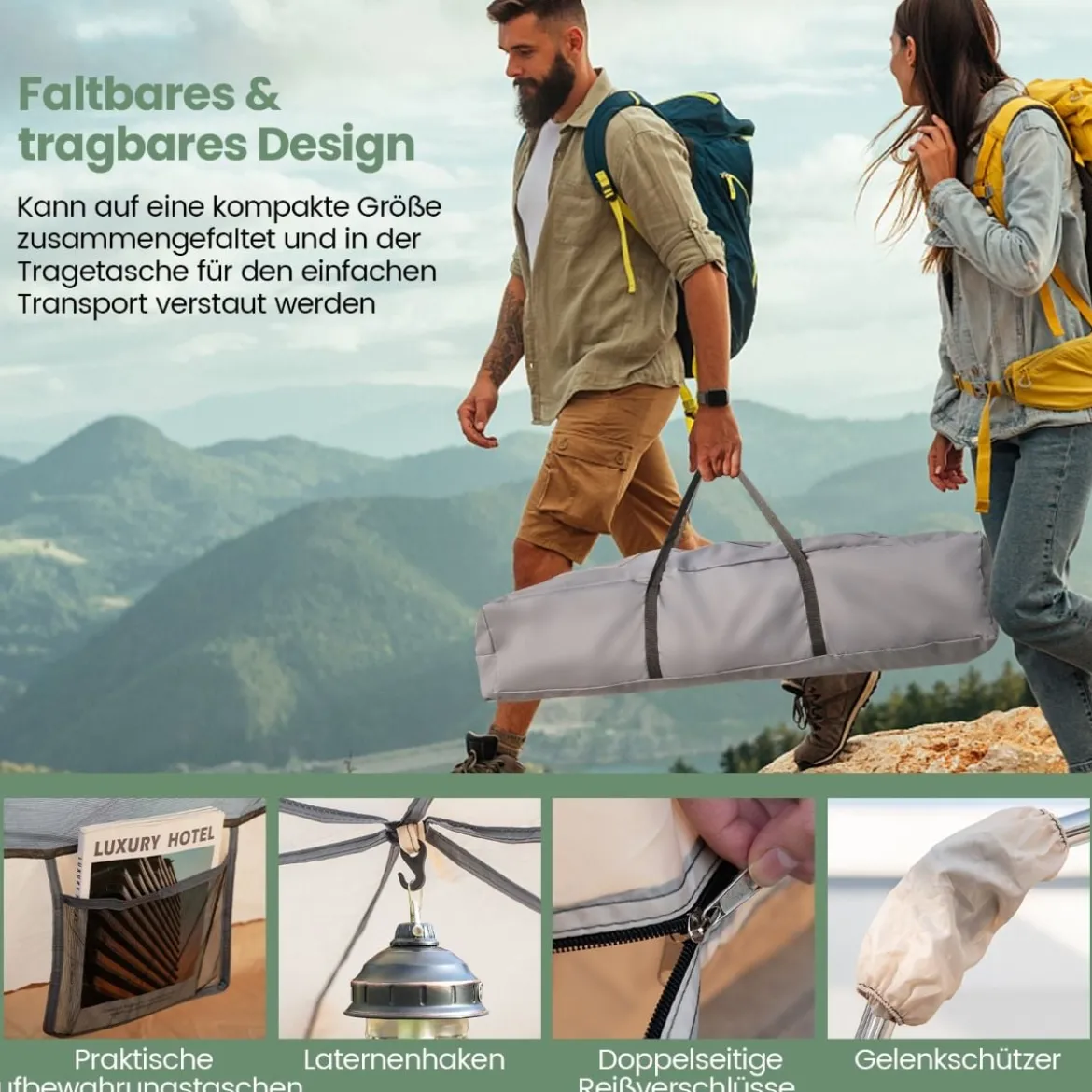 Pop-up-Campingzelt mit Automatischer Halterung & Tragetasche Doppellagiges Kabinenzelt Beige