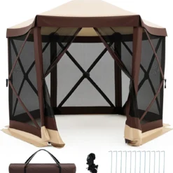 Pop-up Pavillon für 6-8/4-6 Personen Faltpavillon mit 6 Moskitonetzen & Reißverschlusstür 6-Seitiger Gartenpavillon