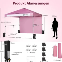 Pop Up Pavillon 3 m x 3 m Aufklappbares Vordach mit Seitenwand Rosa