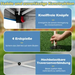 Pop up Pavillon 3 x 3 m Faltpavillon mit 1 Seitenwand & tragbarem Rucksack & 4 Erdankern Gartenpavillon Partyzelt für Garten Party Blau