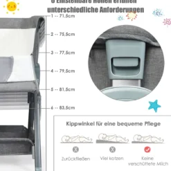 Portables Kinderbett mit Rollen Höhenverstellbares Beistellbett Grau