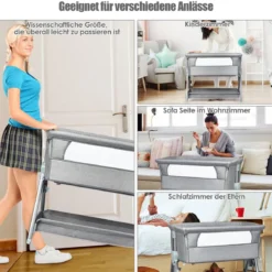 Portables Kinderbett mit Rollen Höhenverstellbares Beistellbett Grau