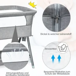 Portables Kinderbett mit Rollen Höhenverstellbares Beistellbett Grau