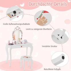 Prinzessin Schminktisch-Set 2-in-1 Kinder Schminktisch mit abnehmbarem Spiegel Weiß