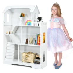 Puppenhaus Holz 2 in 1 Barbie Haus Kinder Bücherregal mit Zubehöre mit Speicherplatz Kindergeschenk