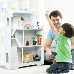 Puppenhaus Holz 2 in 1 Barbie Haus Kinder Bücherregal mit Zubehöre mit Speicherplatz Kindergeschenk