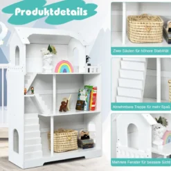 Puppenhaus Holz 2 in 1 Barbie Haus Kinder Bücherregal mit Zubehöre mit Speicherplatz Kindergeschenk