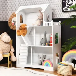 Puppenhaus Holz 2 in 1 Barbie Haus Kinder Bücherregal mit Zubehöre mit Speicherplatz Kindergeschenk