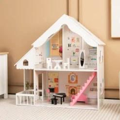 Puppenhaus Holz 2 stöckige Puppenstube mit Zubehör & Möbeln 81 x 30 x 86 cm Weiß