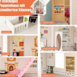 Puppenhaus Holz 2 stöckige Puppenstube mit Zubehör & Möbeln 81 x 30 x 86 cm Weiß