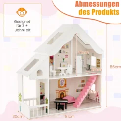 Puppenhaus Holz 2 stöckige Puppenstube mit Zubehör & Möbeln 81 x 30 x 86 cm Weiß