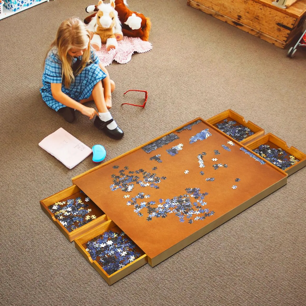 Puzzletisch mit 4 Schubladen Puzzle Board Holz 80 x 65cm