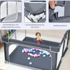 Quadratischer Baby-Laufstall 124 x 124 cm Großer Spielzaun Dunkelgrau