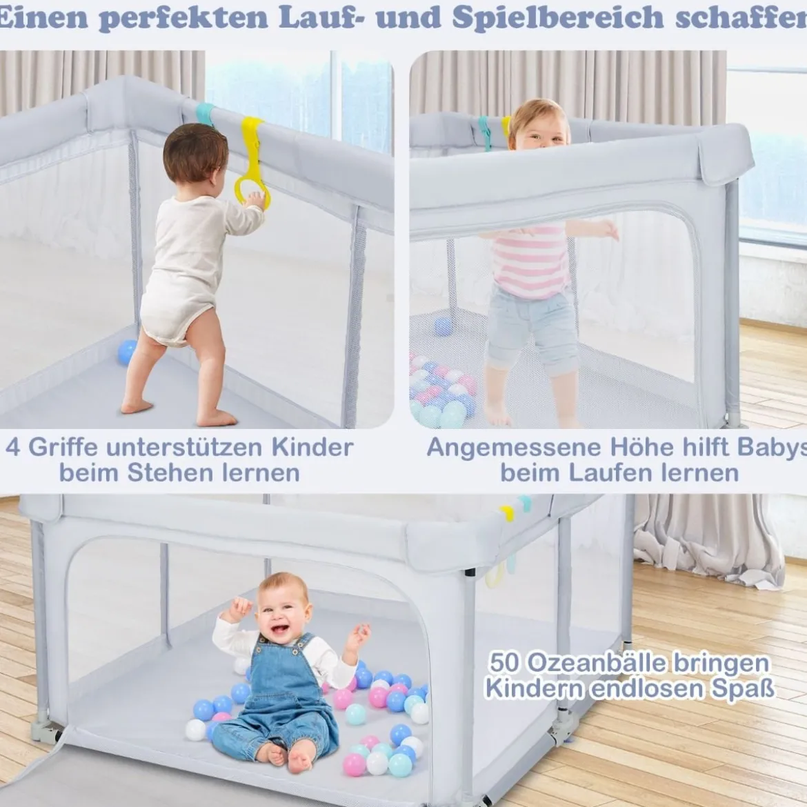Quadratischer Baby-Laufstall 124 x 124 cm Großer Spielzaun Hellgrau