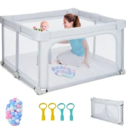 Quadratischer Baby-Laufstall 124 x 124 cm Großer Spielzaun Hellgrau