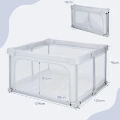 Quadratischer Baby-Laufstall 124 x 124 cm Großer Spielzaun Hellgrau