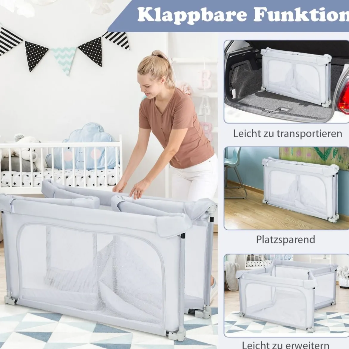 Quadratischer Baby-Laufstall 124 x 124 cm Großer Spielzaun Hellgrau