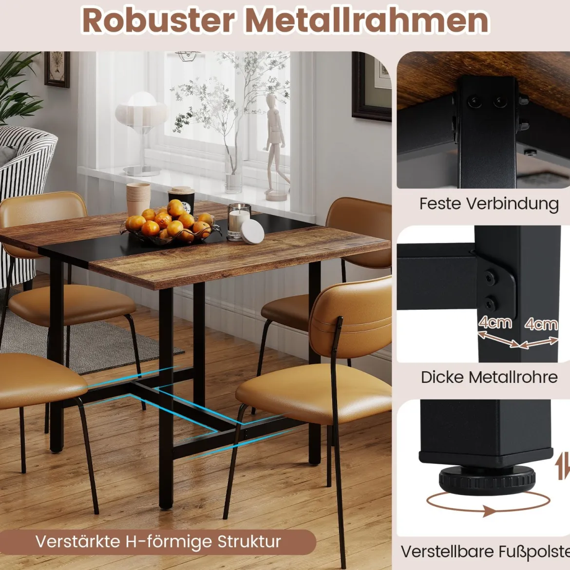 Quadratischer Konferenztisch mit Metallrahmen Besprechungstisch Seminartisch Rustikal Braun