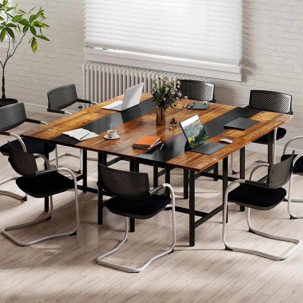 Quadratischer Konferenztisch mit Metallrahmen Besprechungstisch Seminartisch Rustikal Braun