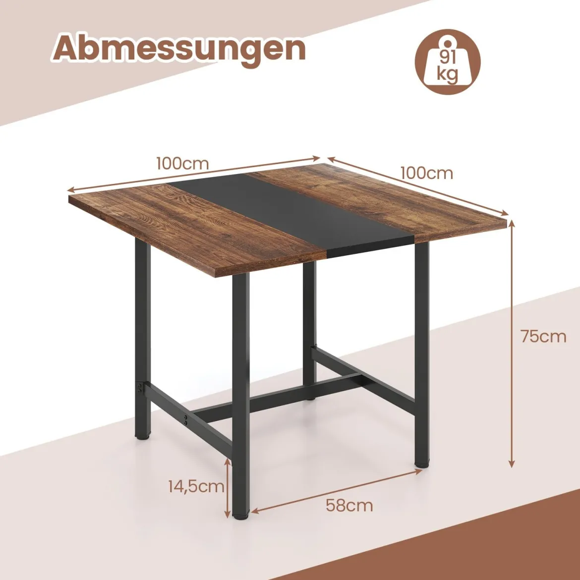 Quadratischer Konferenztisch mit Metallrahmen Besprechungstisch Seminartisch Rustikal Braun