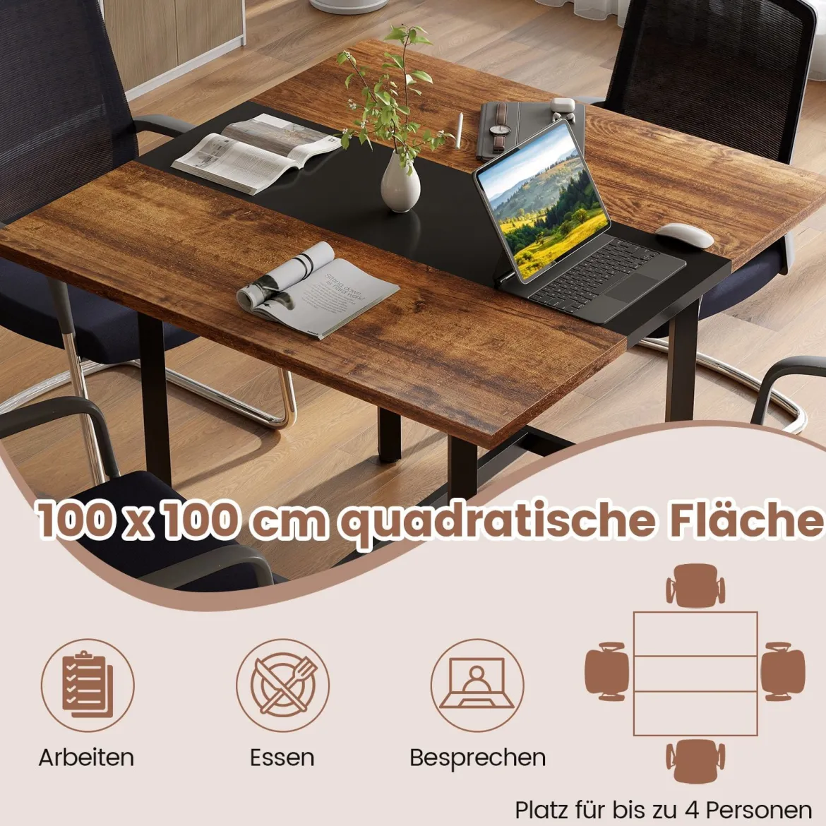 Quadratischer Konferenztisch mit Metallrahmen Besprechungstisch Seminartisch Rustikal Braun