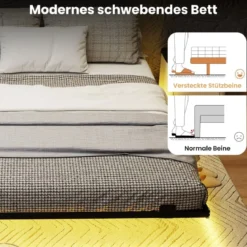 Queen Size Schwebebettgestell mit LED-Leuchten modernes Bettgestell aus Metall 160 x 200 cm