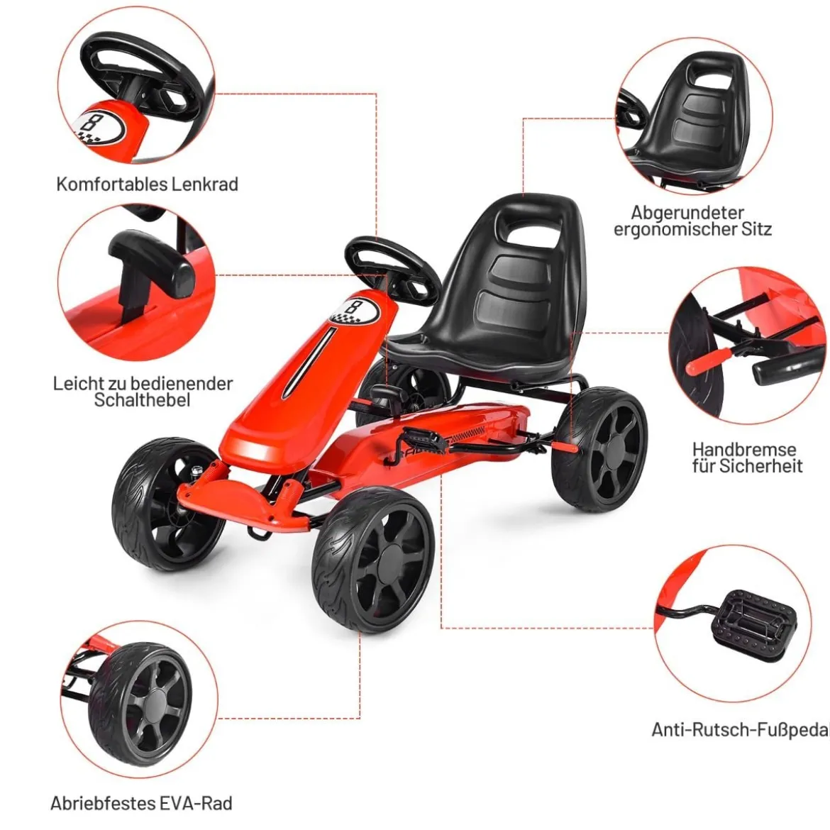 Racing Gokart mit Pedalen Outdoor-Gefährt mit verstellbarem Sitz 100 x 58,5 x 62 cm Rot