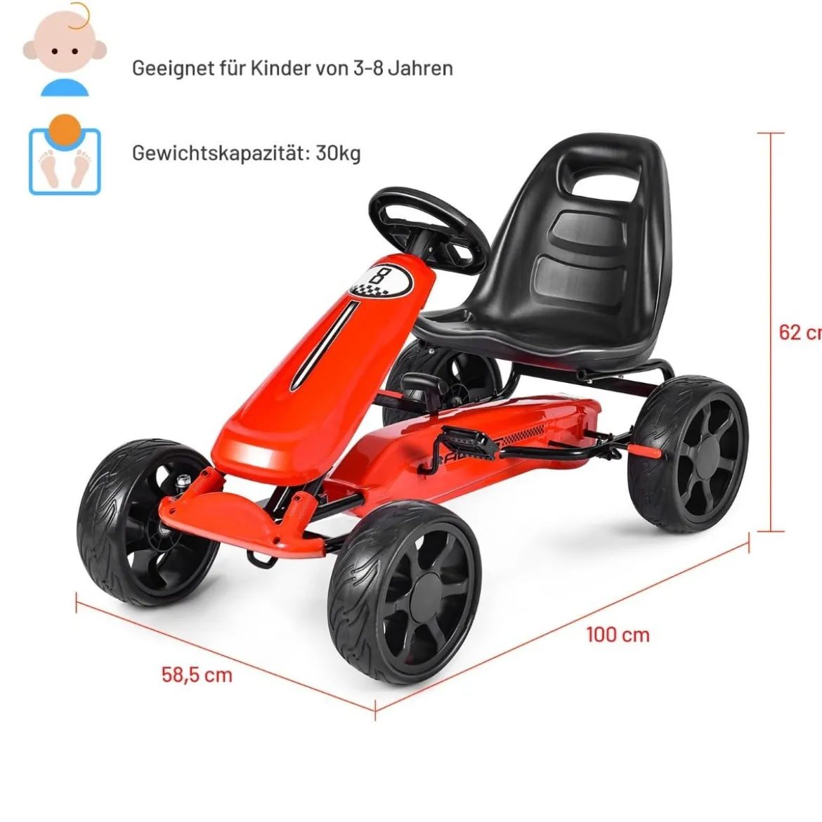 Racing Gokart mit Pedalen Outdoor-Gefährt mit verstellbarem Sitz 100 x 58,5 x 62 cm Rot