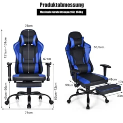 Racing Style Gaming Stuhl höhenverstellbarer Drehstuhl mit einziehbarer Fußstütze Schwarz + Blau