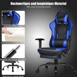 Racing Style Gaming Stuhl höhenverstellbarer Drehstuhl mit einziehbarer Fußstütze Schwarz + Blau