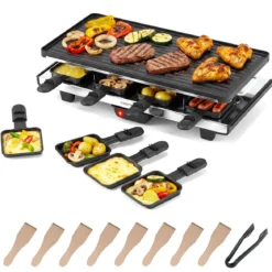 Raclette für 8 Personen Elektrischer Grill mit 2-in-1 Wendbarer Antihaft-Grillplatte 1400W